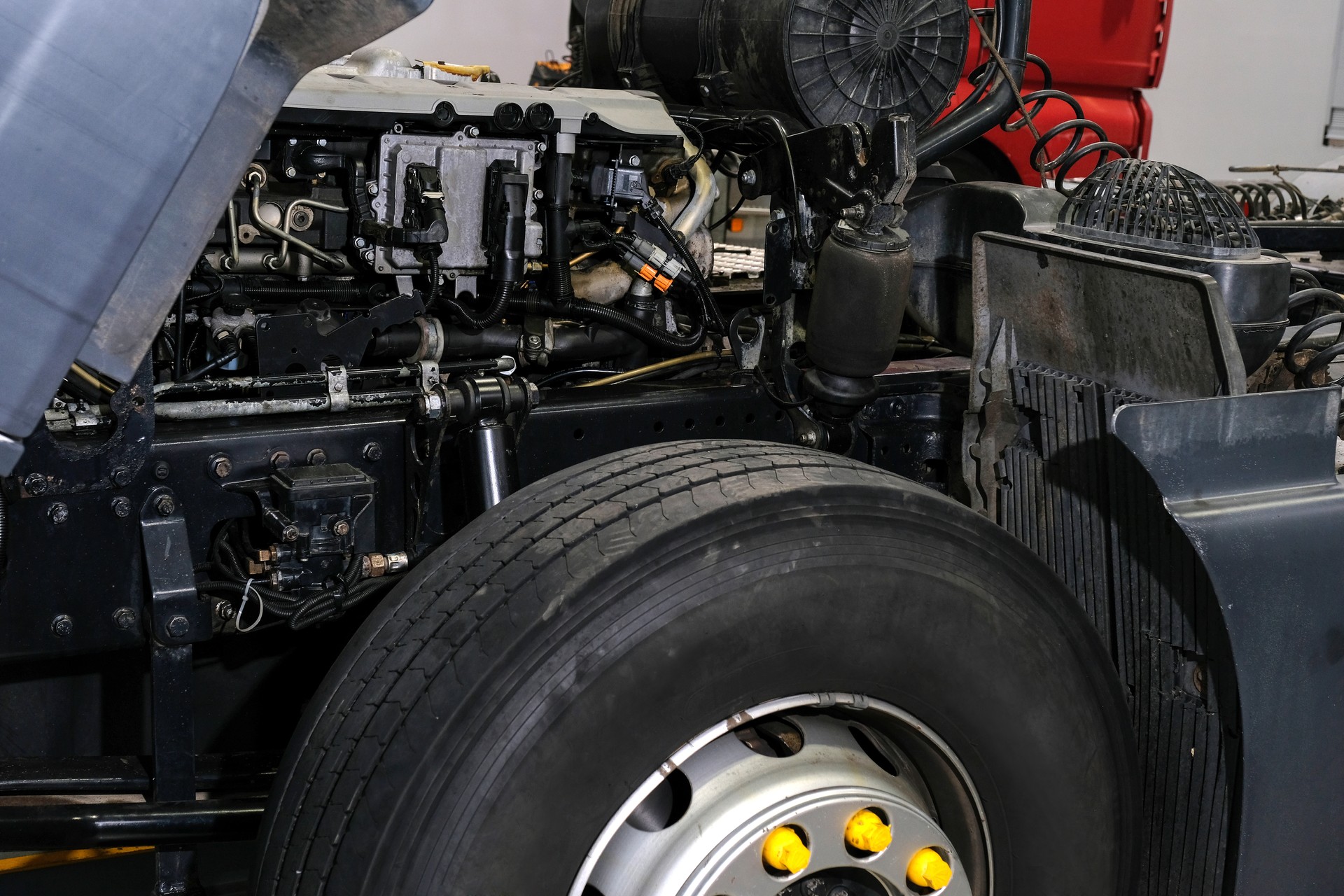 Truck repair in a car service, car cabin close up. Technical inspection of the car at the service center